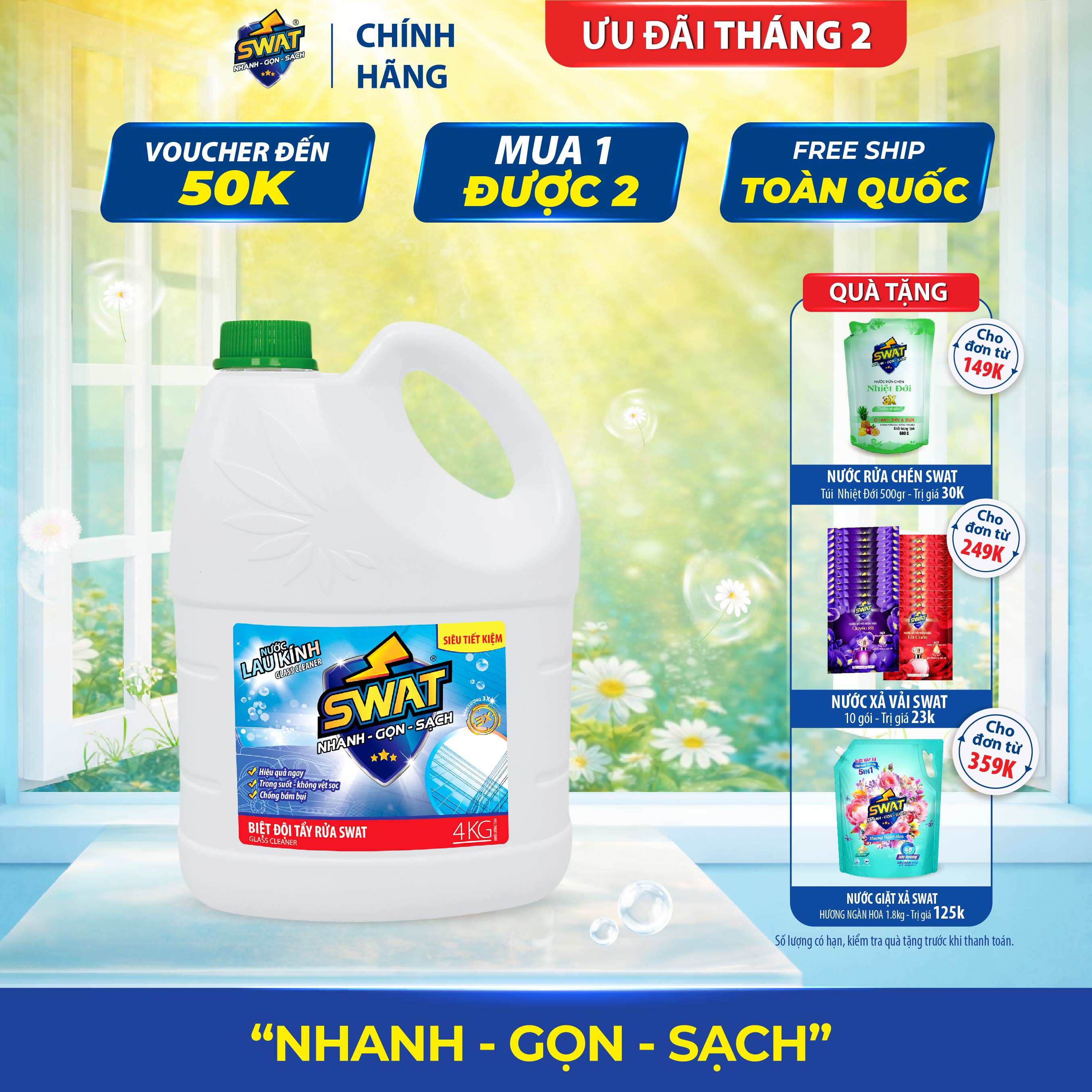 Nước Lau Kính SWAT Hương Sắc Biển Siêu Sạch Chống Bám Bụi Can 4Kg