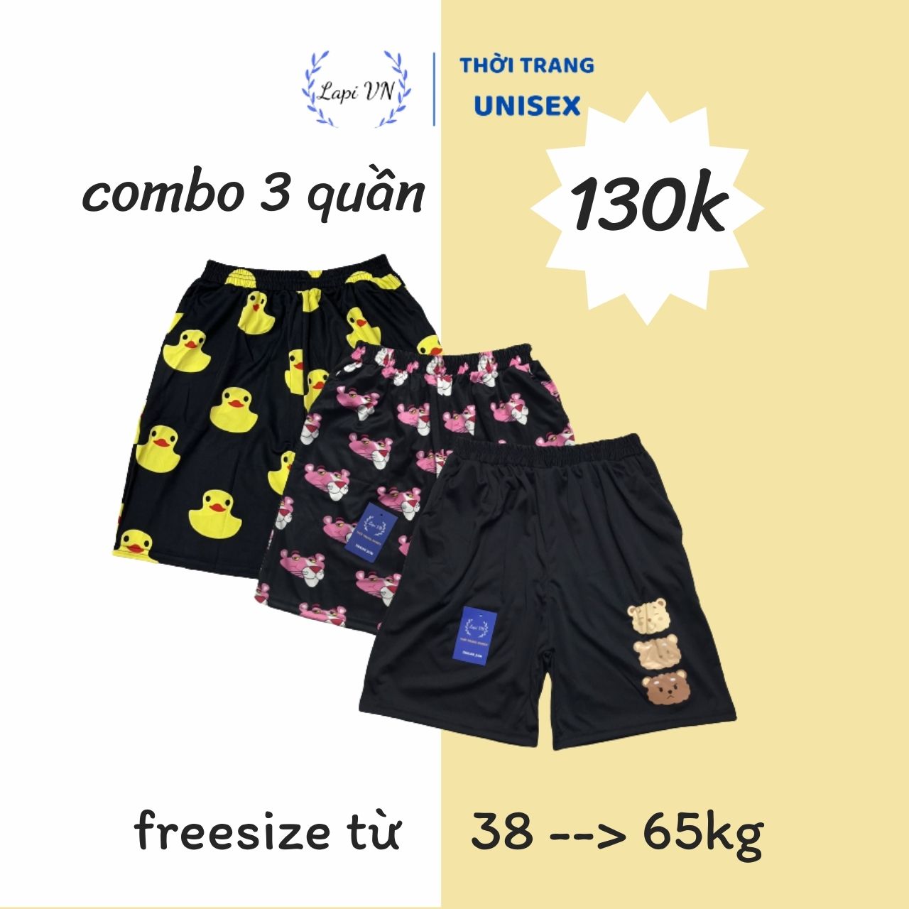 COMBO 3 Quần Short Hoạt Hình (mẫu 5) -Lapi VN ,FREESIZE đến 65kg, Nam Nữ Đều Mặc Được