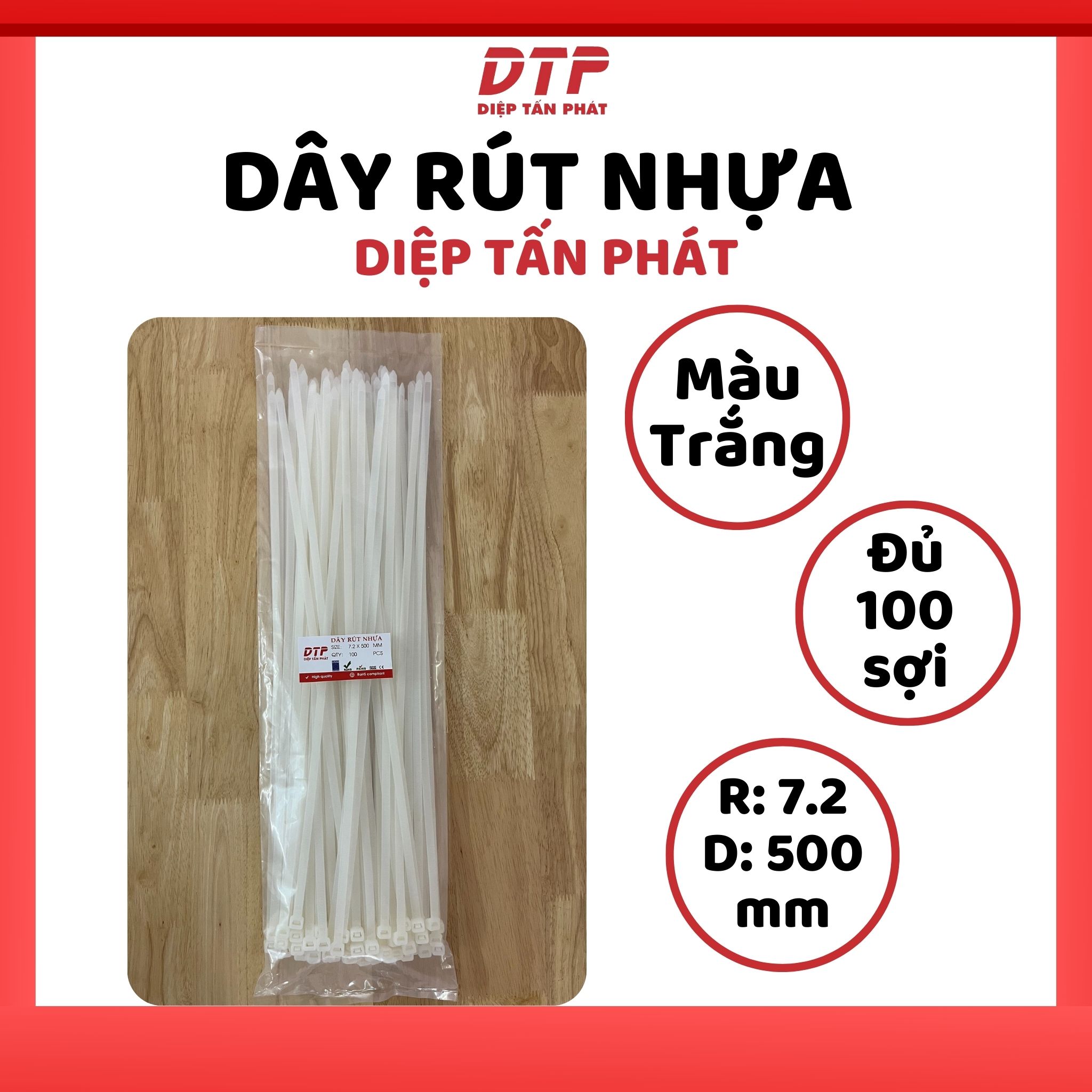 Túi 100 sợi dây rút nhựa diệp tấn phát - 7.2x500mm