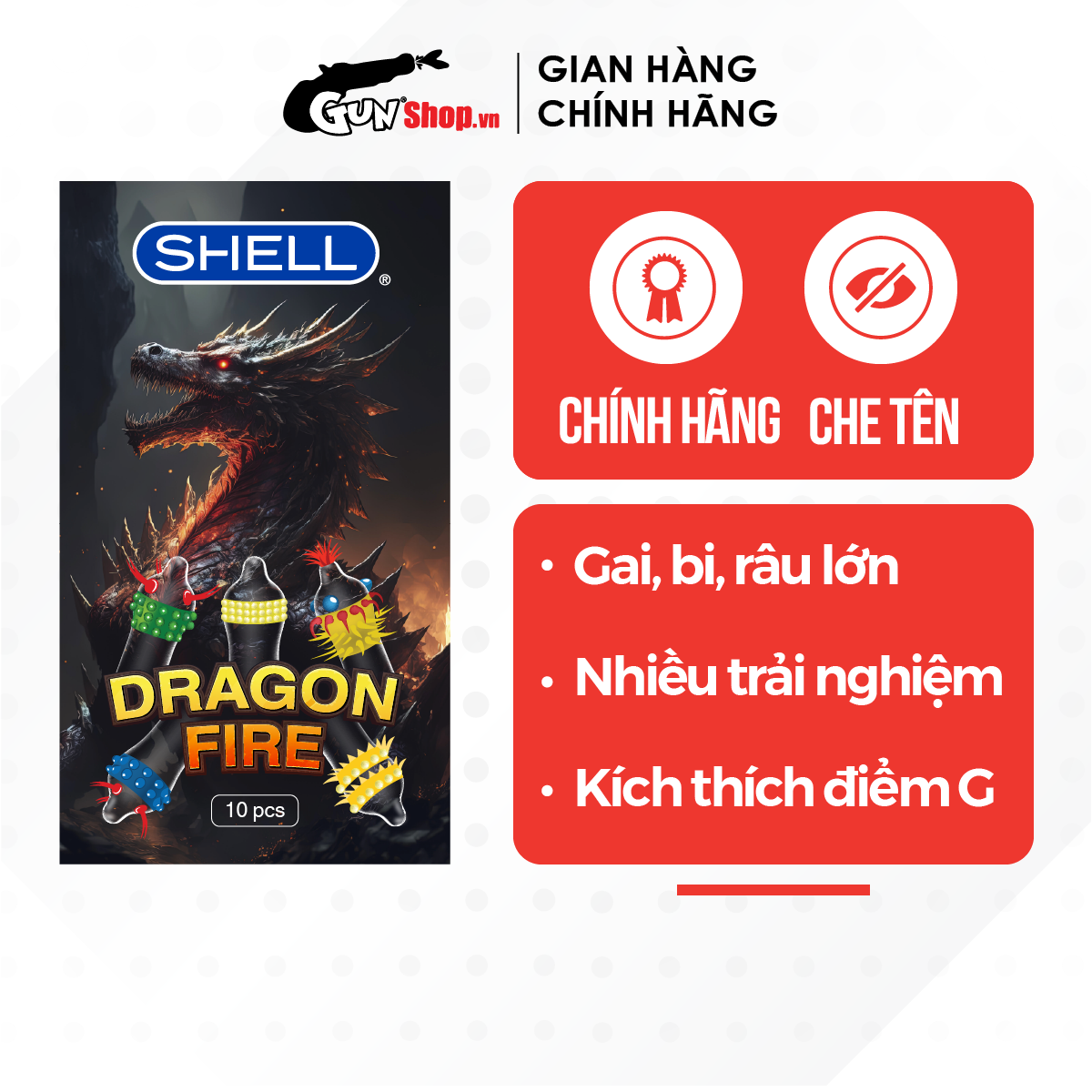 Bao cao su Shell Dragon Fire - Hộp 5 bao gai, bi nổi lớn + 5 bao Shell Performax (Hộp 10 cái) | GUNSHOP VIỆT NAM
