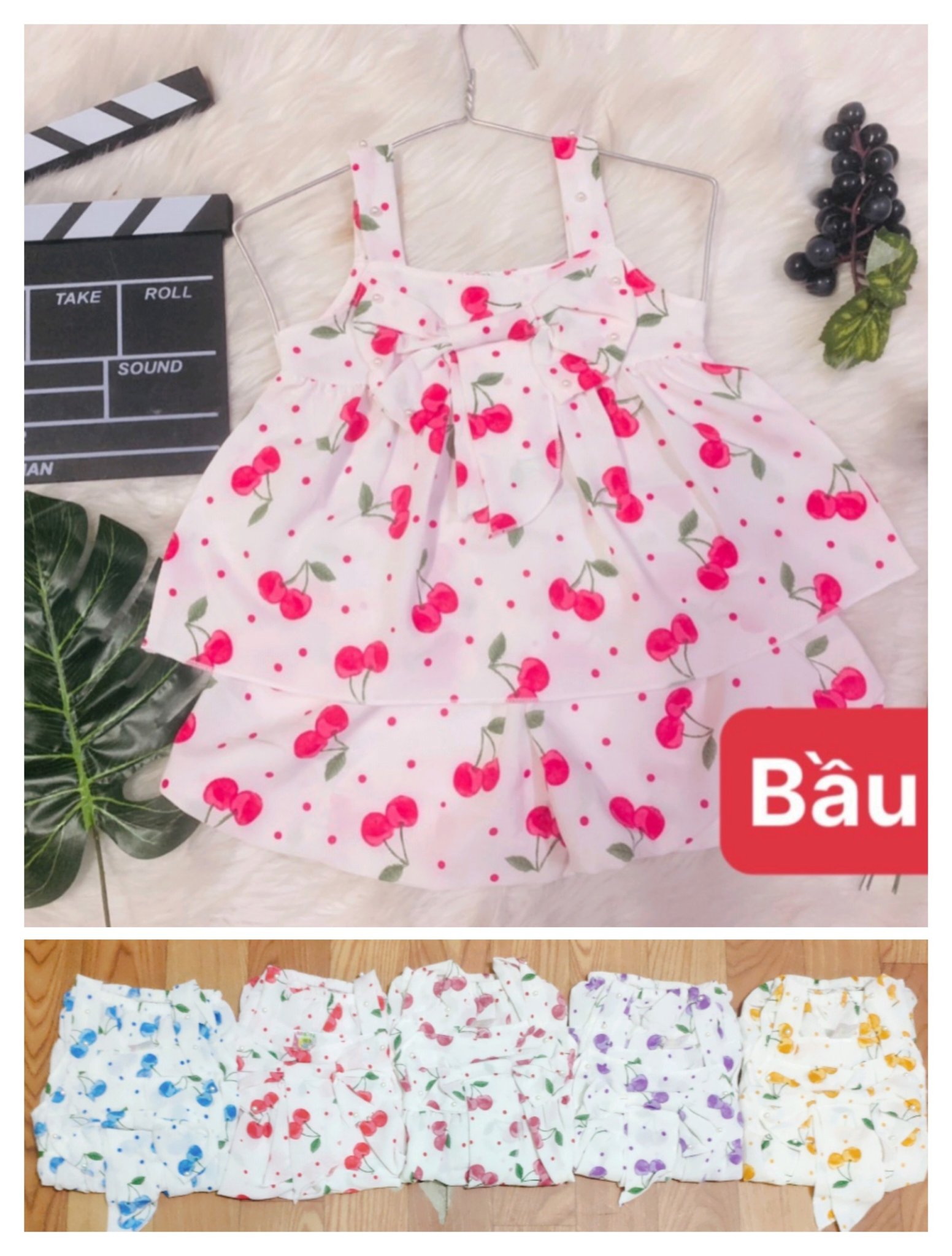 Bộ lụa nhún ngực nhiều họa tiết bé