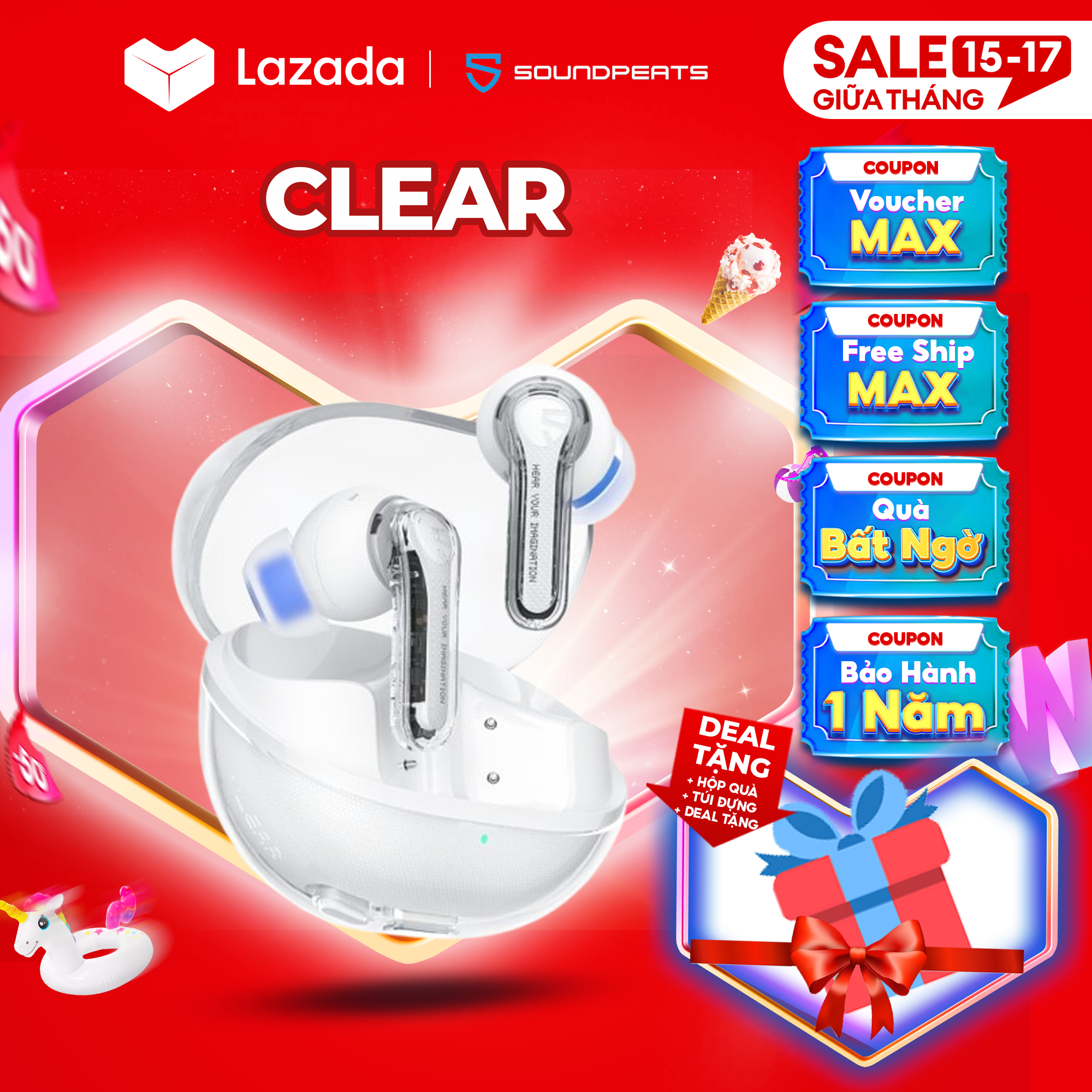 Tai nghe True Wireless SoundPEATS Clear | Trong suốt Trendy | Mic Kép ANC | Bluetooth 5.3