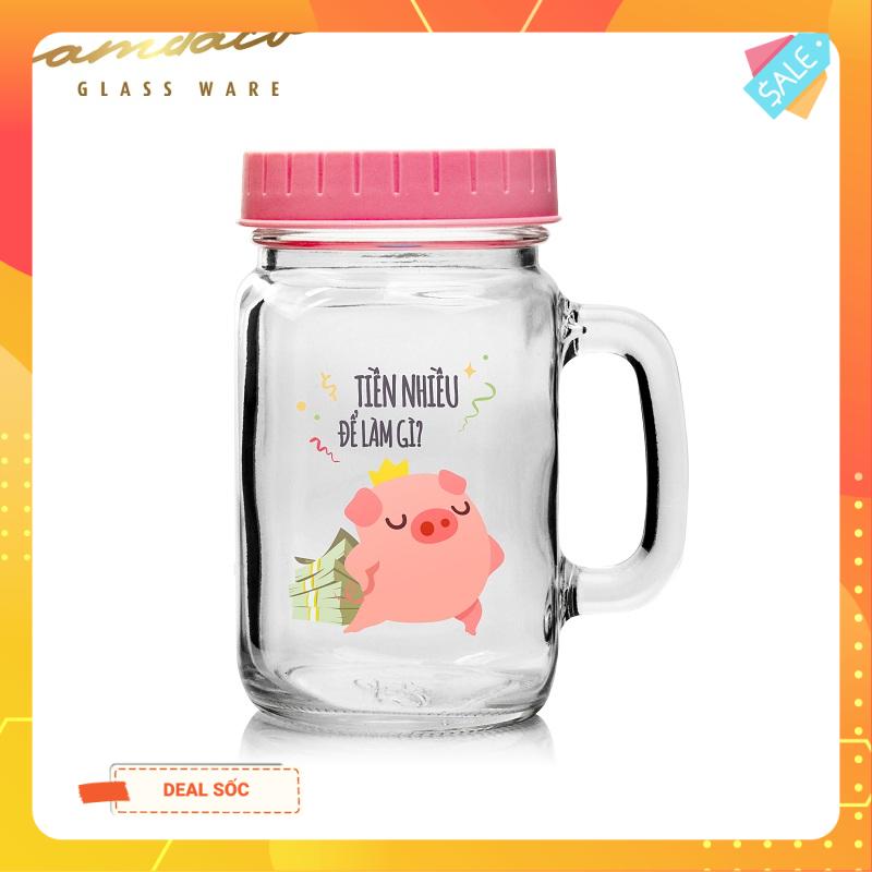 1 Ly Quai Thủy Tinh Trà Sữa In Hình Heo Cẩm Đạt 450ML - Nắp Ngẫu Nhiên