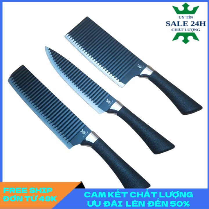 Bộ dao nhà bếp 3 món trọn bộ 3 dao thép gợn sóng chống dính dao thái thịt dao gọt hoa quả cao cấp