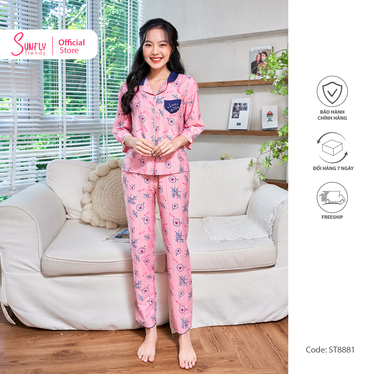 Bộ đồ mặc nhà nữ pyjamas linen sunfly áo tay lỡ quần dài st8881