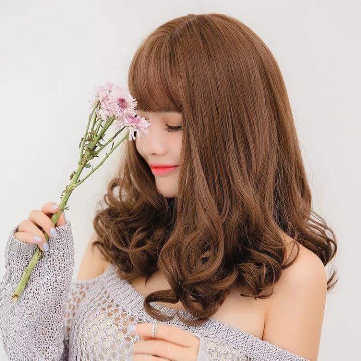 tóc giả nữ nguyên đầu xoăn ngang vai, tóc giả bộ cả đầu, tóc mái thưa hàn quốc, tóc giả ngắn