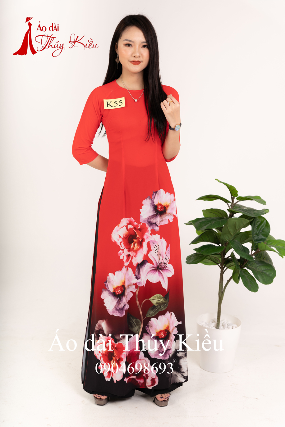 Áo dài truyền thống thiết kế may sẵn tết cách tân nữ nền đỏ hoa K55 mềm mại, co giãn, áo dài giá rẻ