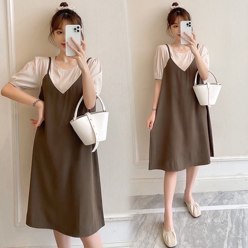 Đầm bầu yếm hai dây liền thân hàng thiết kế dáng xuông