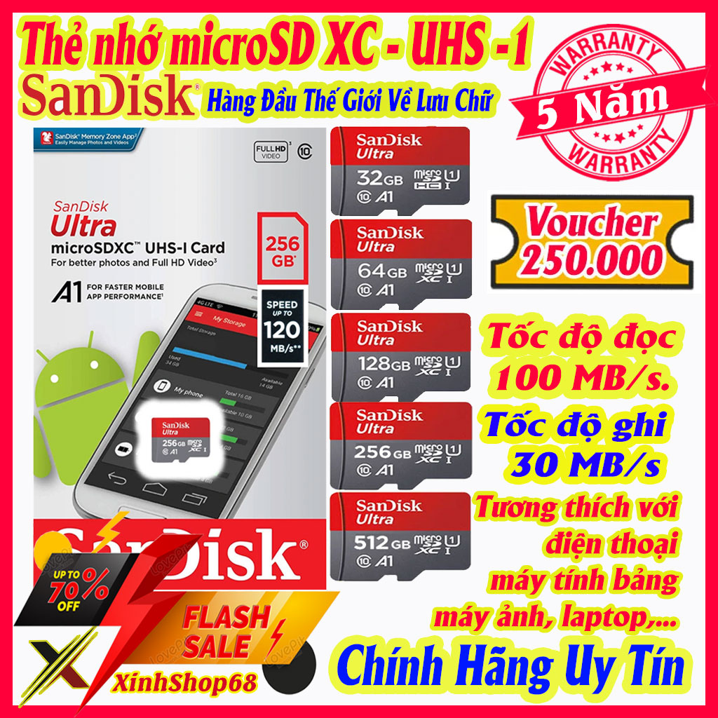 Thẻ nhớ Sandisk 128GB/ 64GB/32GB Ultra Class 10 Tốc độ Cao 100Mb/s chuyên dụng lắp Camera Điện thoại Camera hành trình