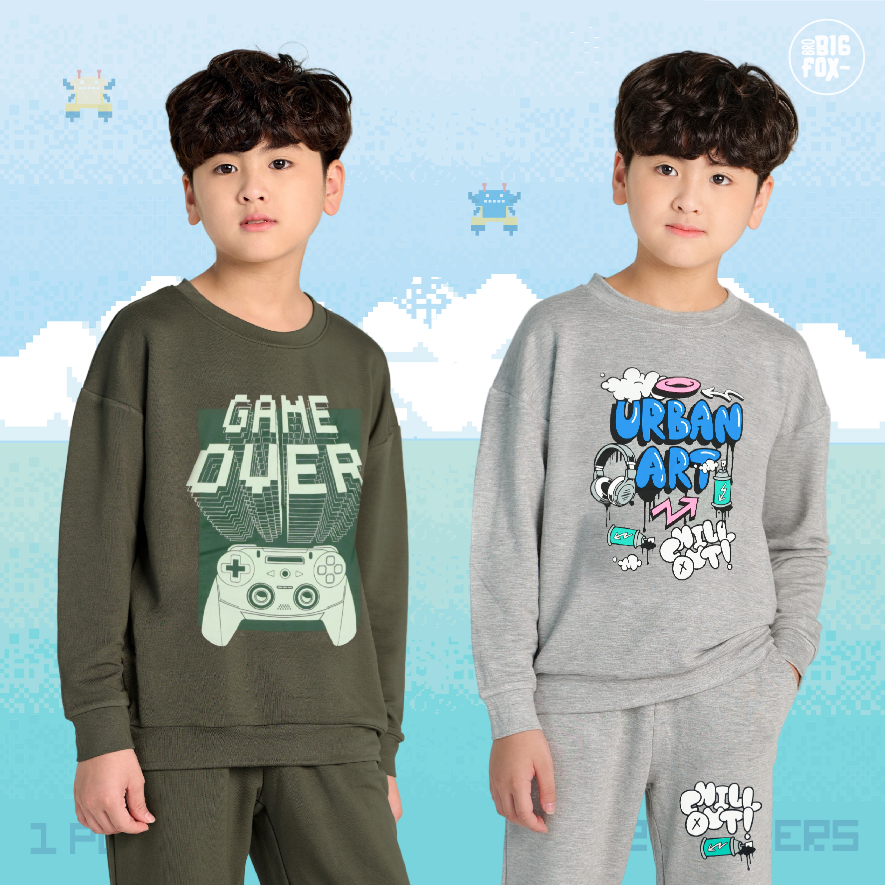Bộ nỉ bé trai Bigfox Miss Meow size đại, bộ thu đông bé trai họa tiết Game Over size trẻ em 12,13,14,15
