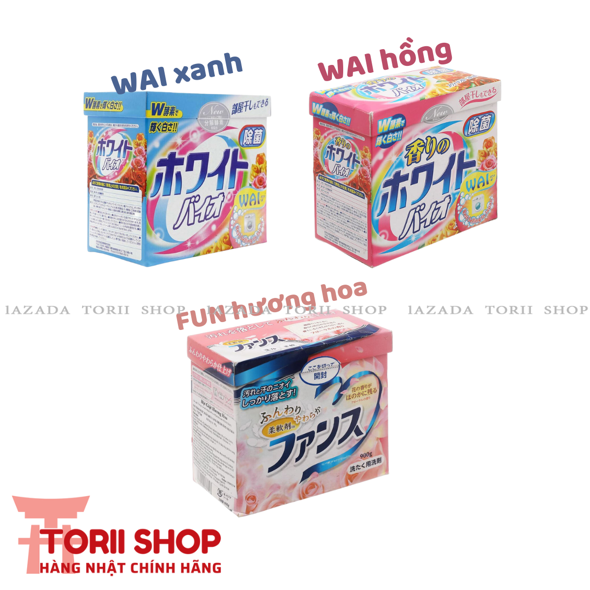 Bột giặt New Wai hộp 900g màu hồng xanh 0,9kg hàng Nhật torii | Bột giặt xả Funs hộp 900g 2 trong 1 hương hoa