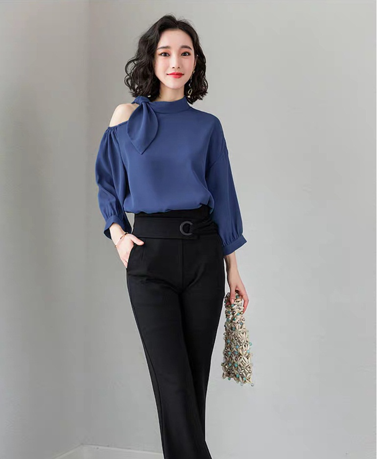 [HCM] Áo Sơ Mi Phối Nơ Vai Xanh Blue Phi Lụa Cách Điệu BEYEU1688 -  BY3320