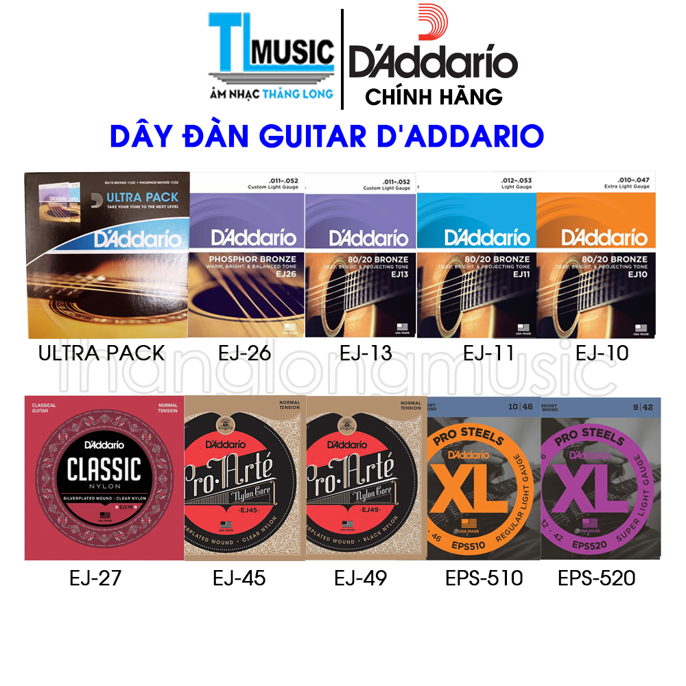 Chính Hãng Dây Đàn Guitar D'ADDARIO EJ10 EJ11 EJ13 EJ26 EJ27 EJ45 EJ49 EPS510 EPS520 - Thăng Long Music