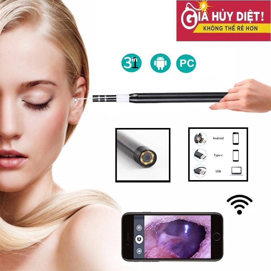 [HCM]Camera Nội Soi Tai Mũi Họng Vệ Sinh Lấy Ráy Tai 3 Trong 1 Độ Phân Giải 1280*720P Tích Hợp 6 Đèn Led - Dây Dài 1.5m - Chuẩn USB/Micro USB/Type C