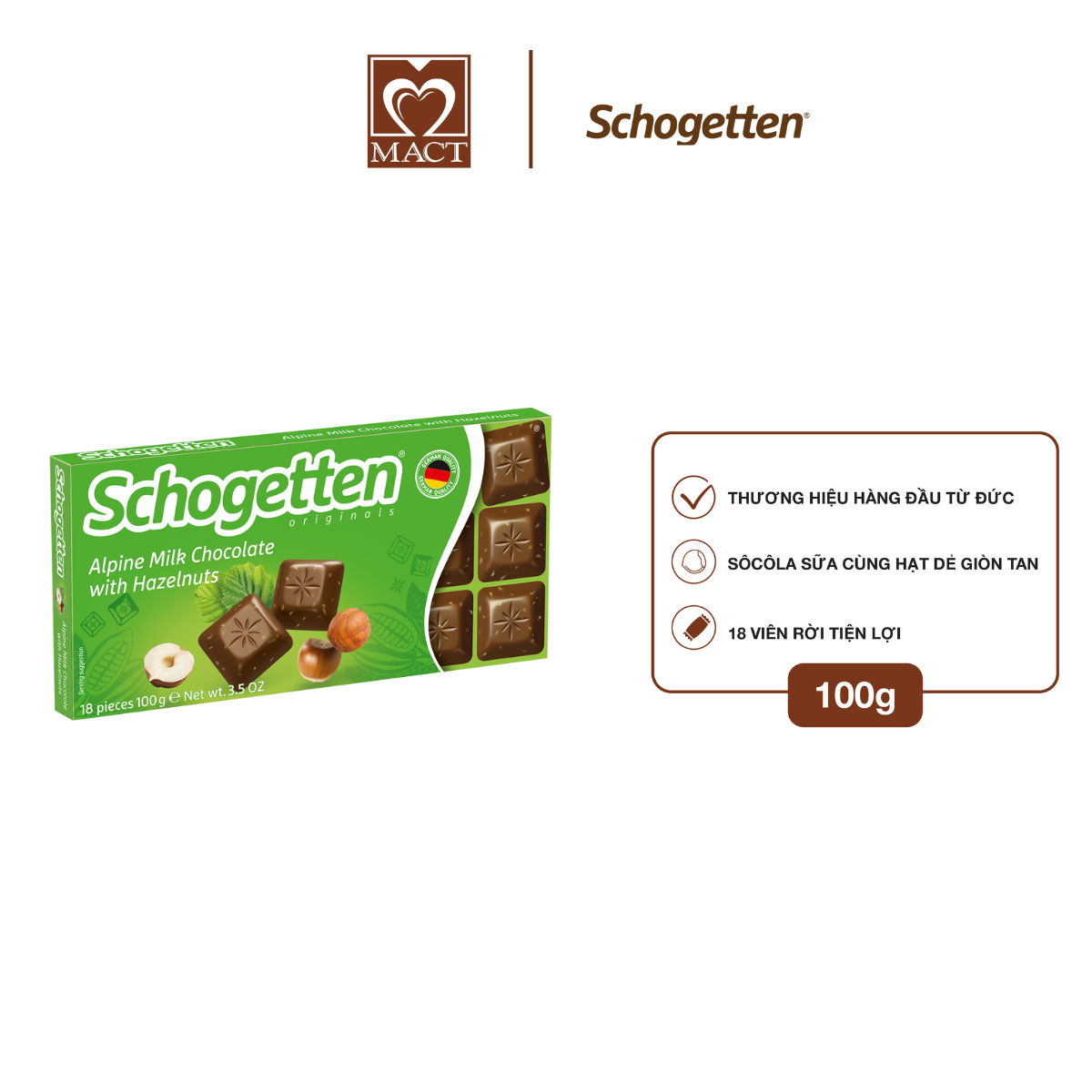  Sôcôla SCHOGETTEN - Vị Hạt phỉ Alpine Milk Chocolate with Hazelnuts - thanh 100g gồm 18 viên rời 