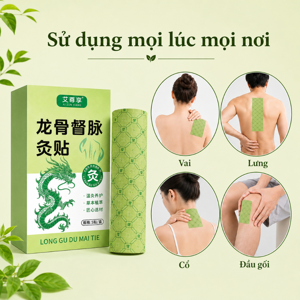 Miếng Dán Long Cốt Đốc Mạch 5 Miếng | Miếng Dán Thảo Dược Đau Lưng Vai Gáy | Cao Dán Cột Sống Giữ Ấm