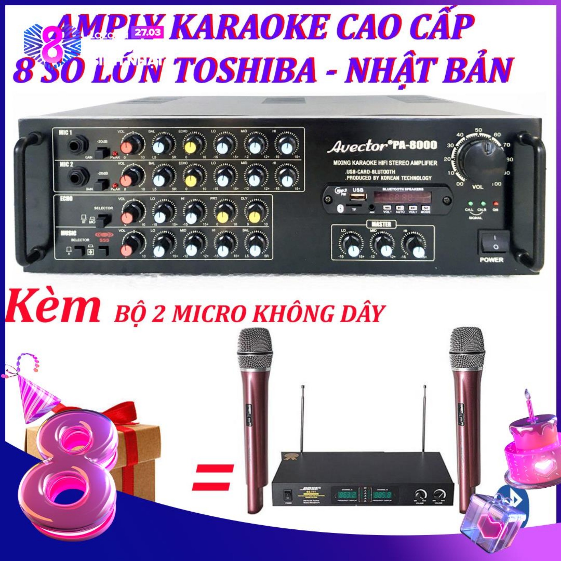 Amply karaoke ampli karaoke amply bluetooth nghe nhạc amply hat karaoke AVECTOR 8000 kèm 2 micro không dây bs777ii