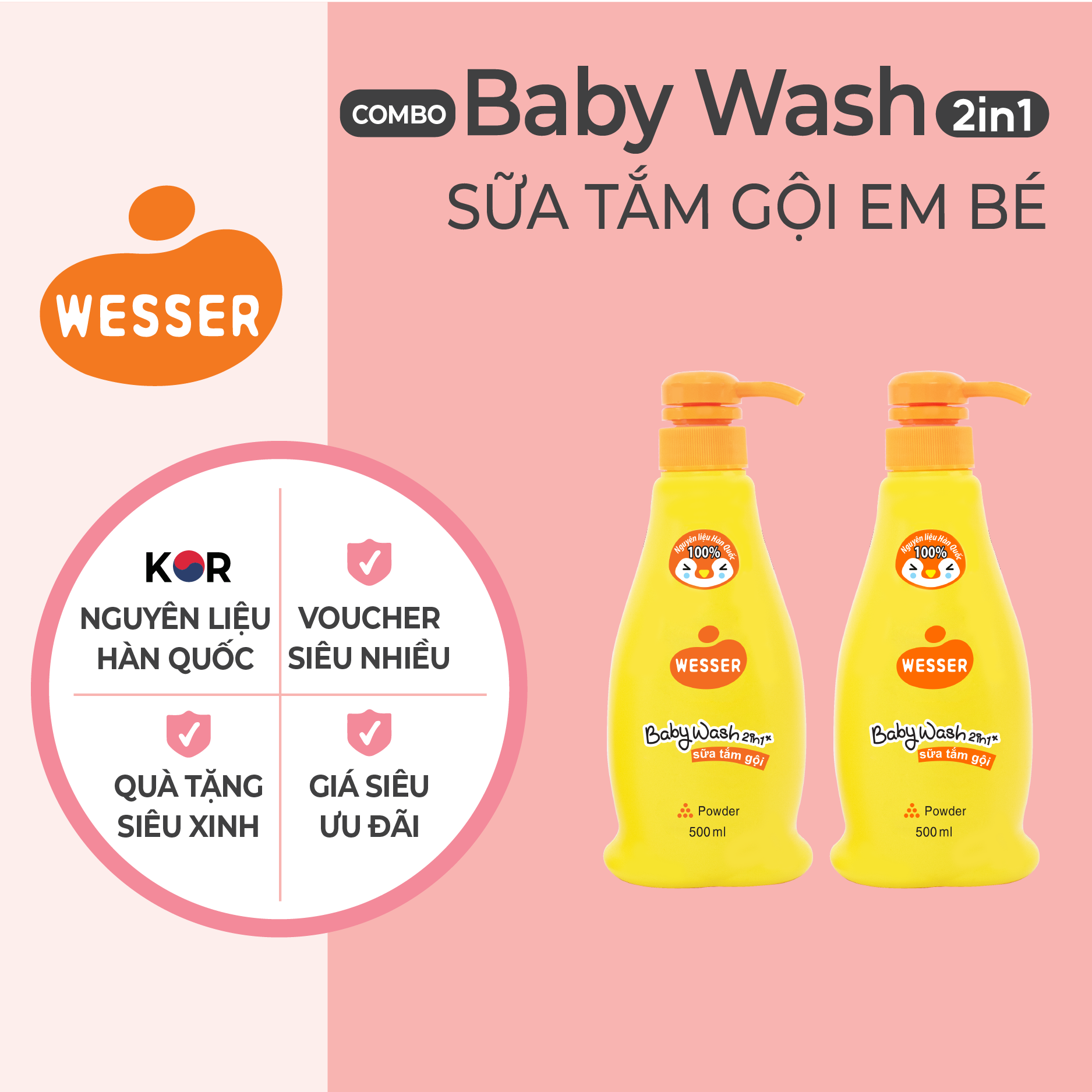 Bộ 2 chai sữa tắm gội Wesser 2in1 hương phấn 500ml