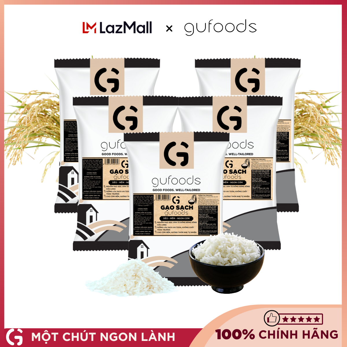 Combo 5 túi gạo sạch GUfoods - Ngon đặc sản, dẻo, mềm, thơm