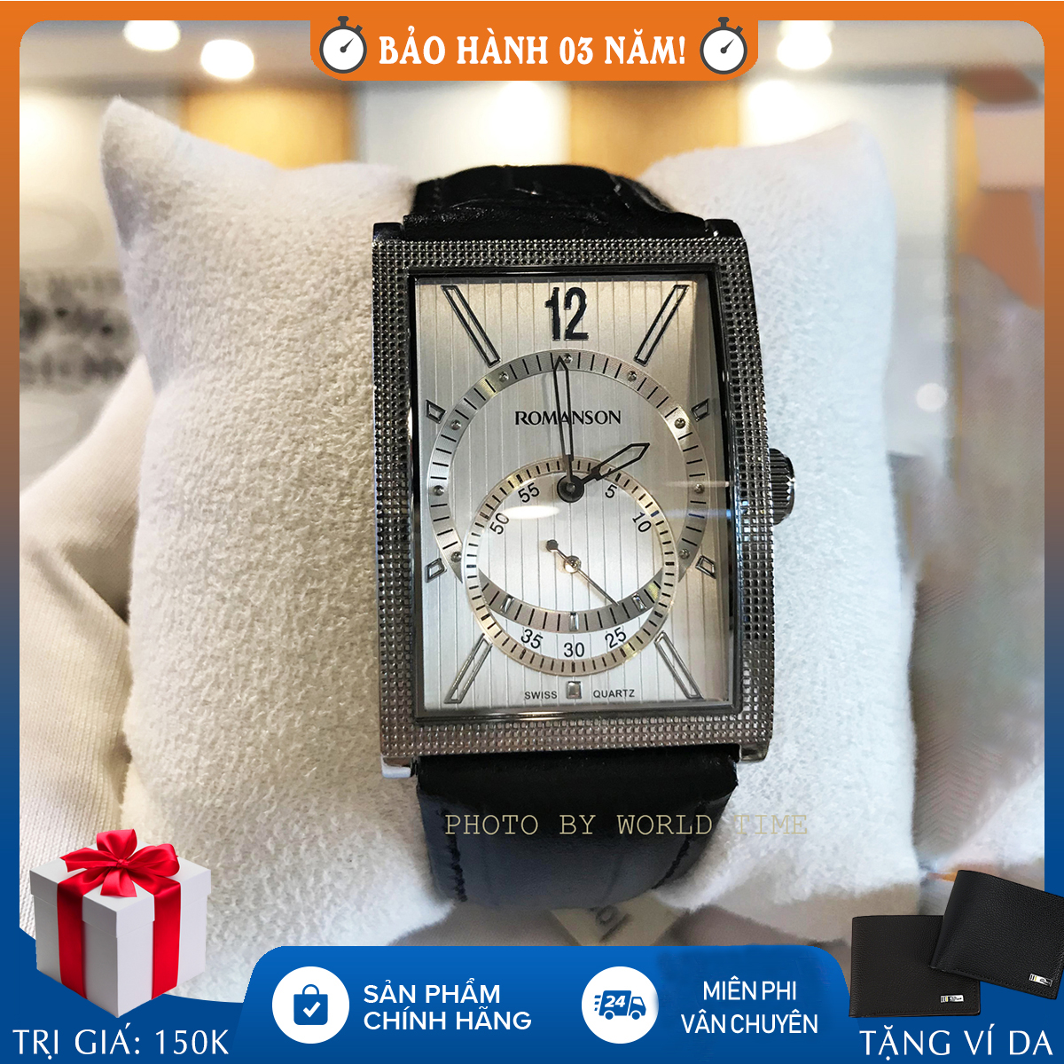 Đồng hồ nam Romanson DL5146NMWWH full hộp, thẻ bảo hành hãng, chống nước, dây da
