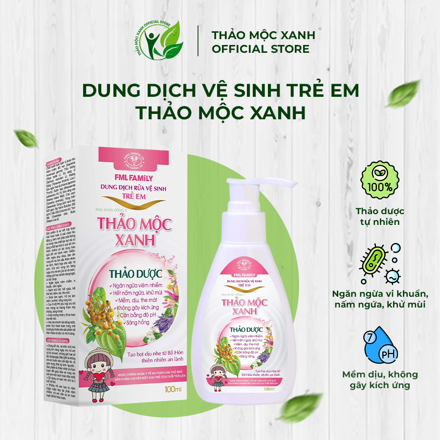 Dung Dịch Rửa Vệ Sinh Trẻ Em Thảo Mộc Xanh FML Chiết Xuất Thảo Dược Thiên Nhiên, An Toàn Cho Trẻ Sơ Sinh, Chai 100ml