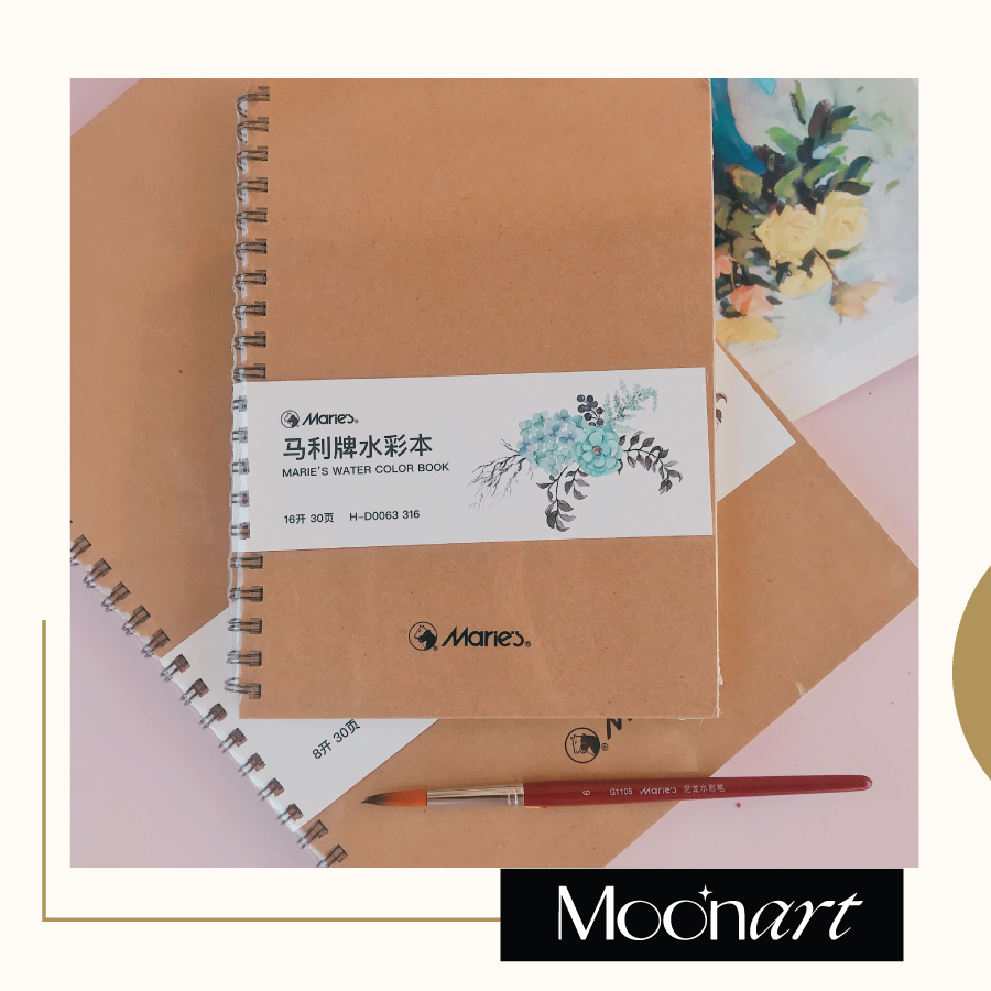 Sổ vẽ màu nước Maries A3, A4/160gsm, giấy vẽ dùng được đa chất liệu, màu bột, màu poster, than, chì, marker - MoonArt