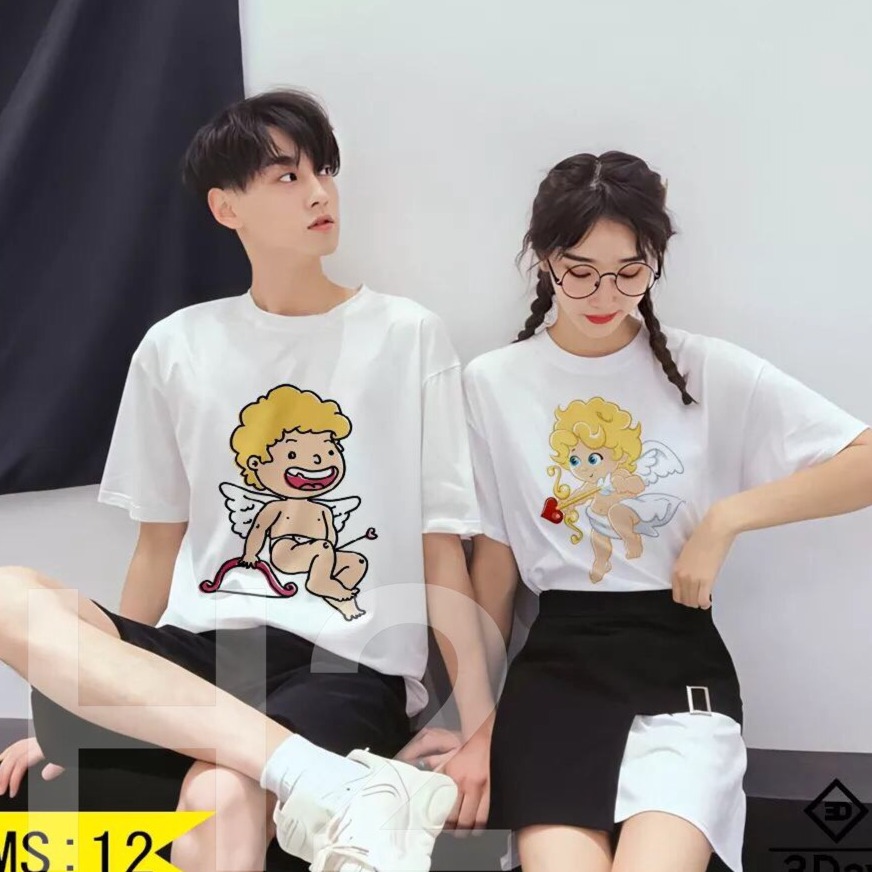 Áo thun cặp đôi nam nữ in thiên thần cute, KIỀU ANH FASHION chuyên phối set quần áo, áo thun nam nữ, áo đôi, áo gia đình
