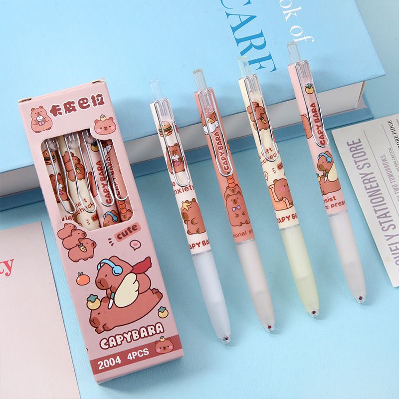 Bộ 4 bút bi bấm mực gel hình gấu carybara ngòi 0.5mm mực đen hoạt hình dễ thương, hộp 4 bút bi