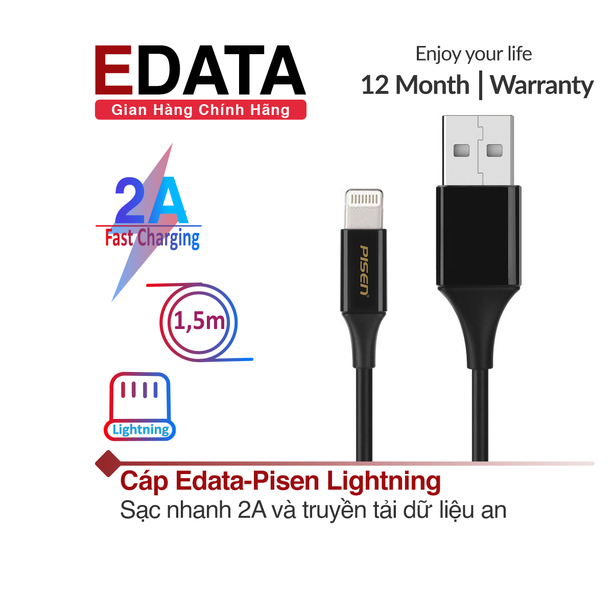 Cáp sạc Edata Lightning sạc nhanh 2A dây PVC dài 1m và 1,5m dành cho iPhone iPad