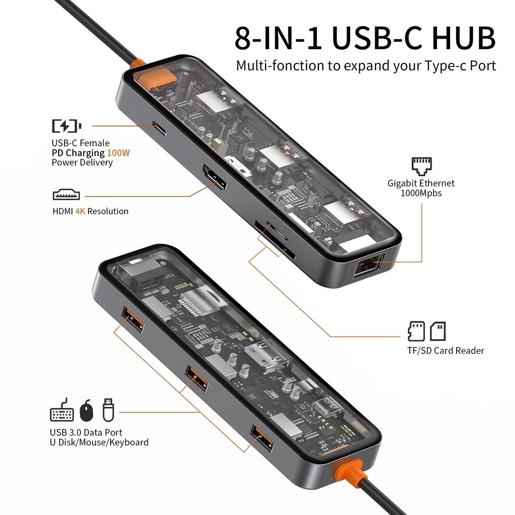 Hub usb - c 8in1 trong suốt wiwu cyber usb 3.0, sd/tf, hdmi, pd
