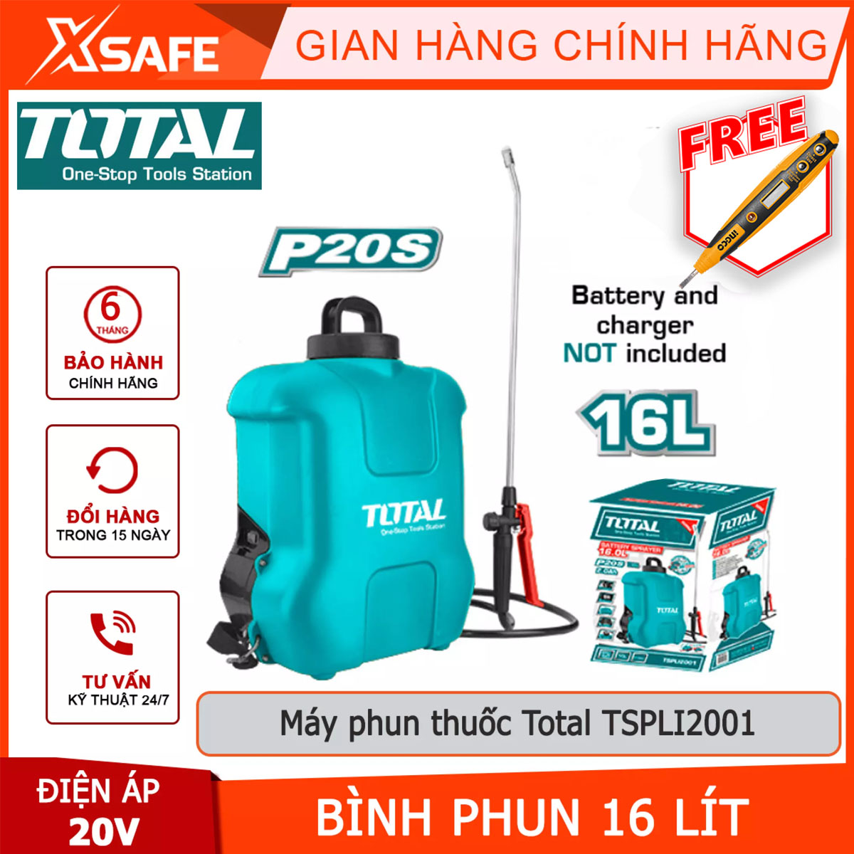 Máy phun 16l dùng pin total tspli2001 bình xịt phun 16l chất liệu bình: nhựa pe, vòi phun bằng thép không gỉ, lưu lượng phun: 1,45l / phút. áp suất: 5bar hiện đại an toàntại