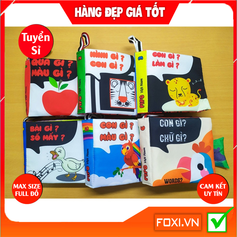 ComBo 6 Sách Vải Song ngữ Foxi Giáo dục mầm non giúp bé Kích thích thị giác xúc giác thính giác sách vải mềm cho trẻ nhỏ dễ dàng vệ sinh tăng sự hiểu biết