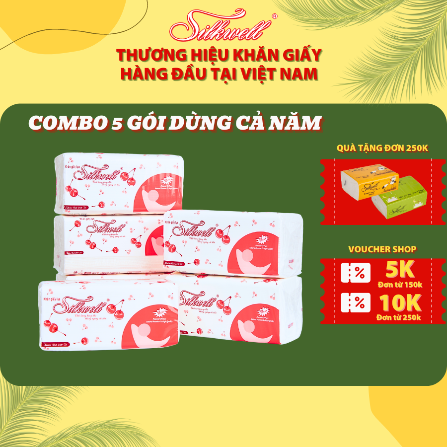 Combo 5 gói Giấy ăn giấy rút lụa Silkwell Cherry đỏ 280 tờ siêu dai và mềm mại