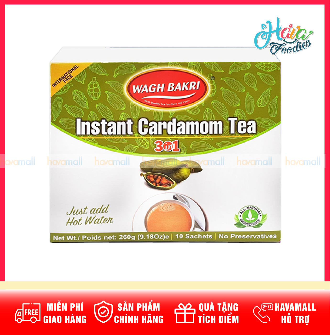 Wagh Bakri Instant Cardamom Tea 3 in 1 (Elaichi) Imported from India, 260g Pack (10 Small Packs)