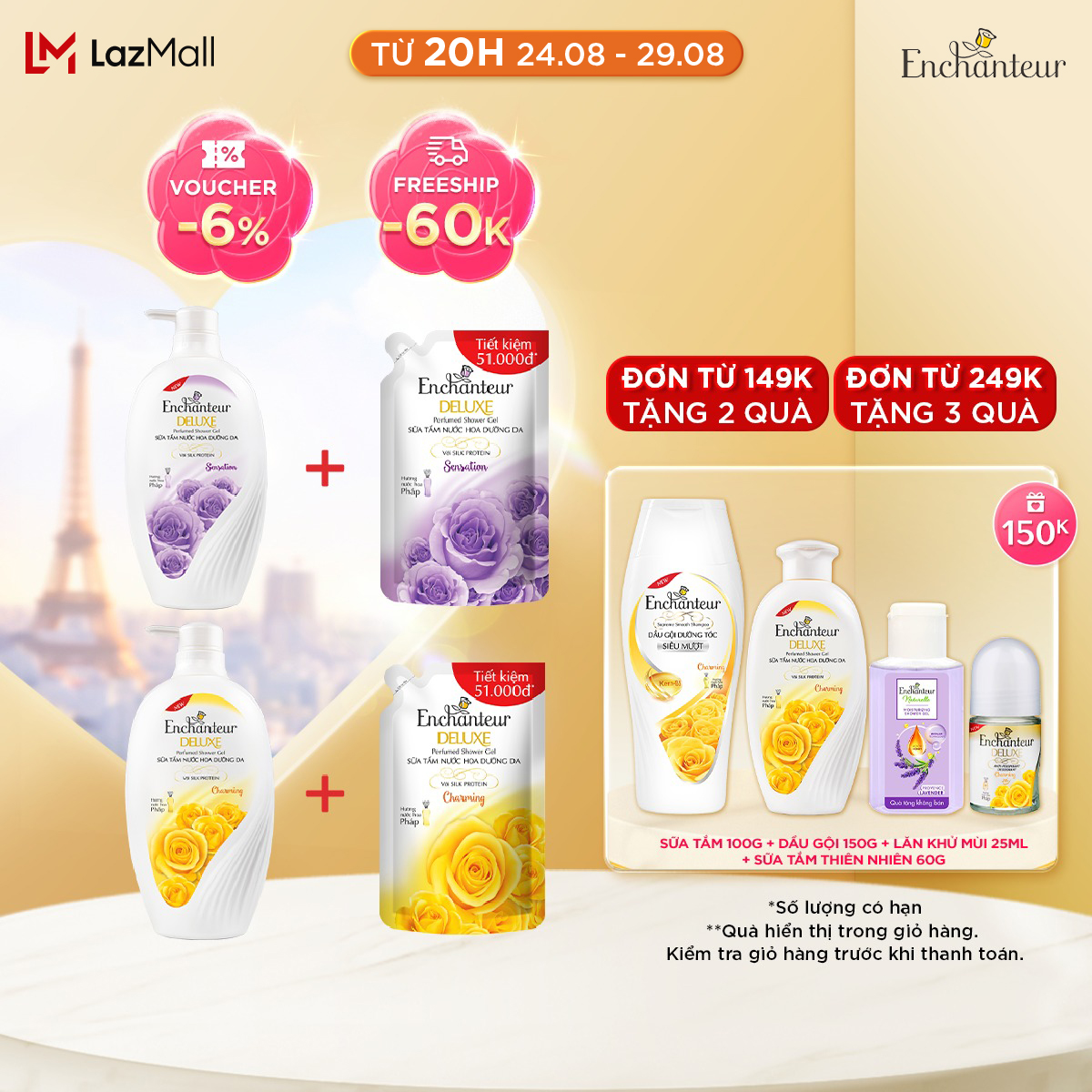 [Tặng kèm Túi sữa tắm 450g] [Seasonal] Sữa tắm nước hoa dưỡng da Enchanteur Charming/Sensation 900g  (Quà giao kèm không hiển thị giỏ hàng)