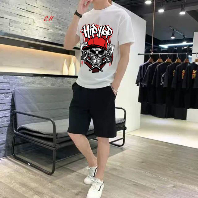 Sét Bộ Đồ Thời Trang Ulzzang Nam Nữ Học Sinh Mùa Hè Mặc Đi Chơi Siêu Hot, Áo Cotton In 3D Dầu Lâu HippHop Kèm Quần Phong Cách