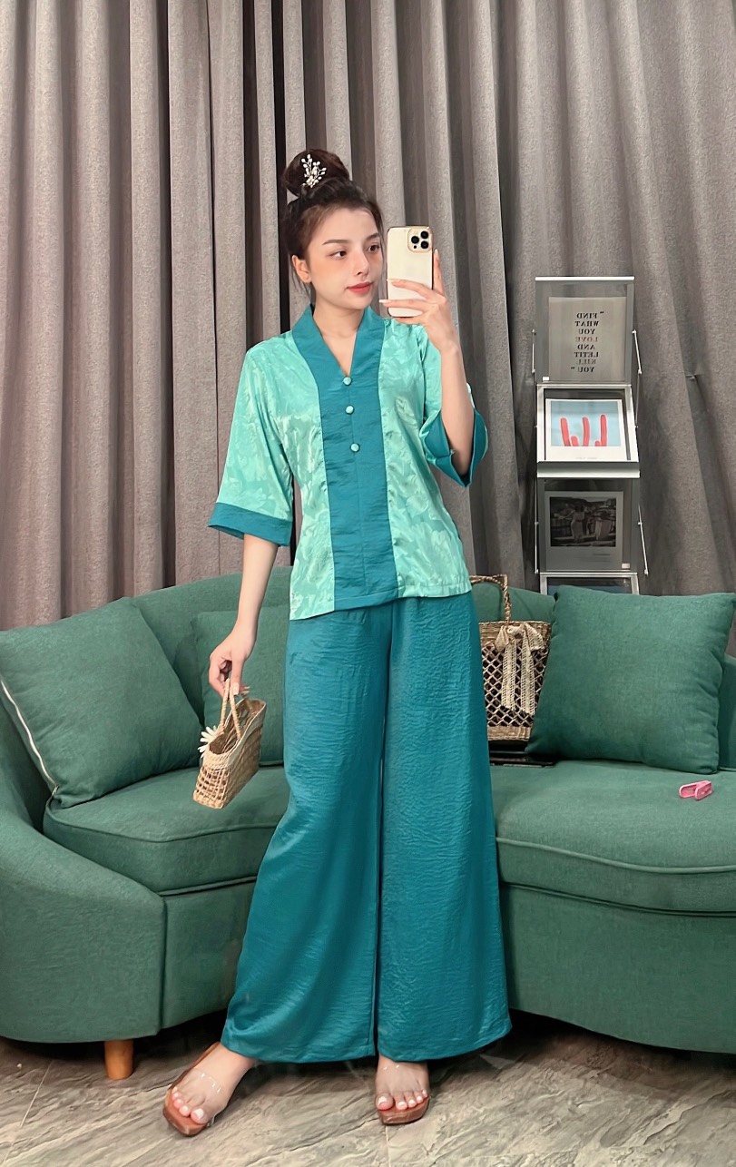 Set đồ lam đi chùa thiết kế nữ bài lai gấm phối lụa
