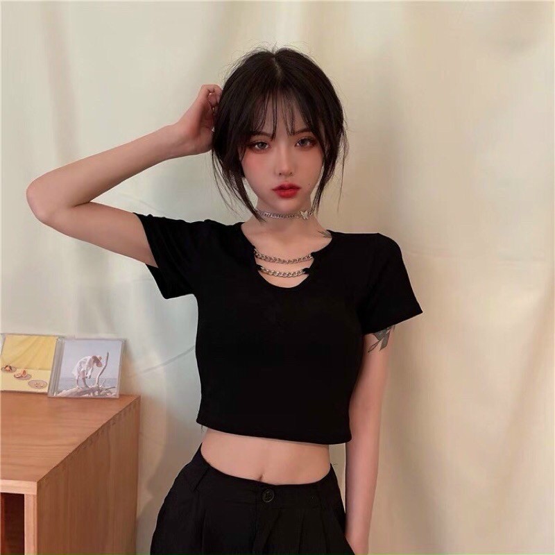 ÁO CROPTOP UZZANG ĐAN XÍCH CỰC XINH CHẤT THUN MỀM MỊN CO GIÃN CỰC NGẦU DỄ PHỐI ĐỒ