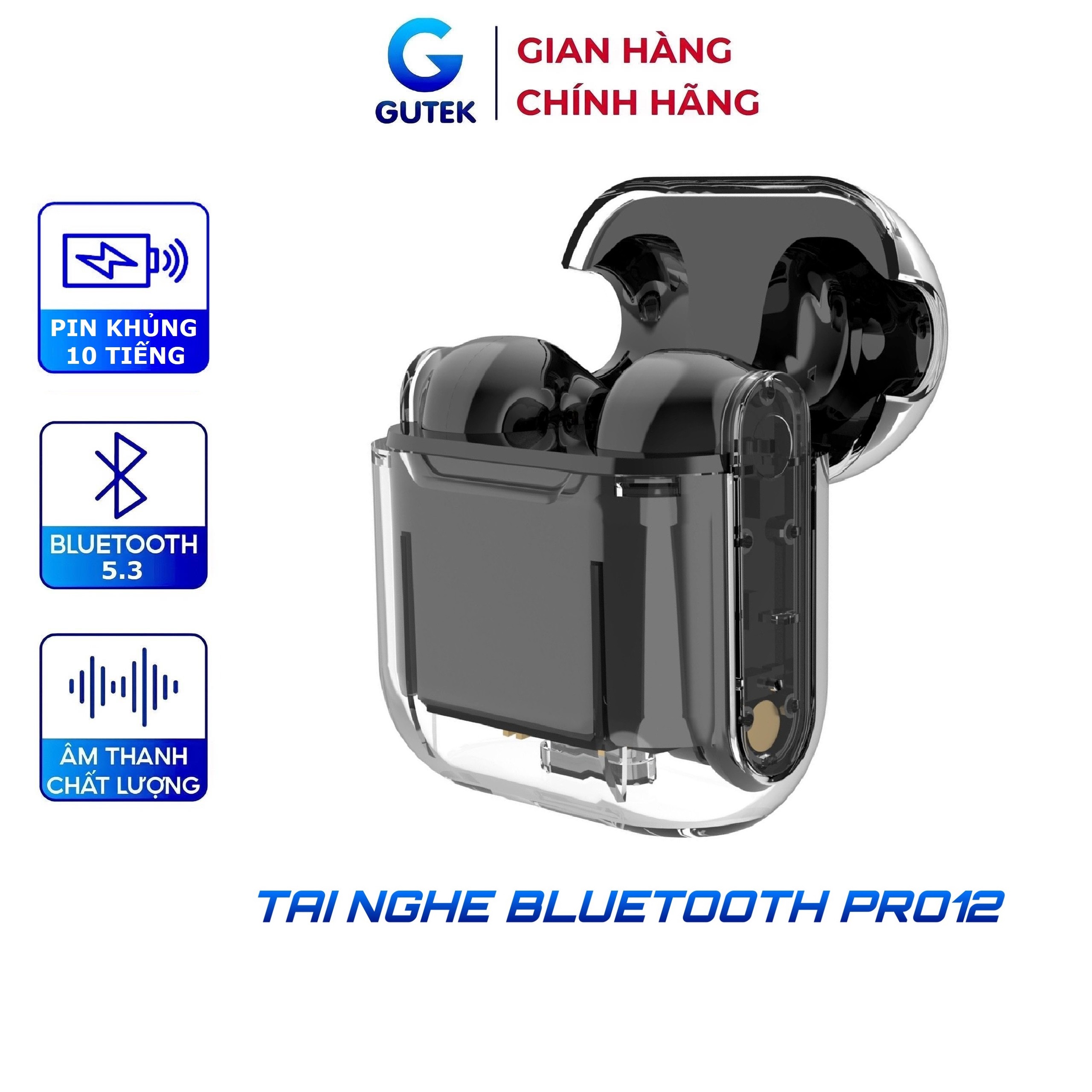 Tai nghe bluetooth không dây Gutek Pro12 nút cảm ứng âm thanh HIFI có mic đàm thoại chip bluetooth 5.2
