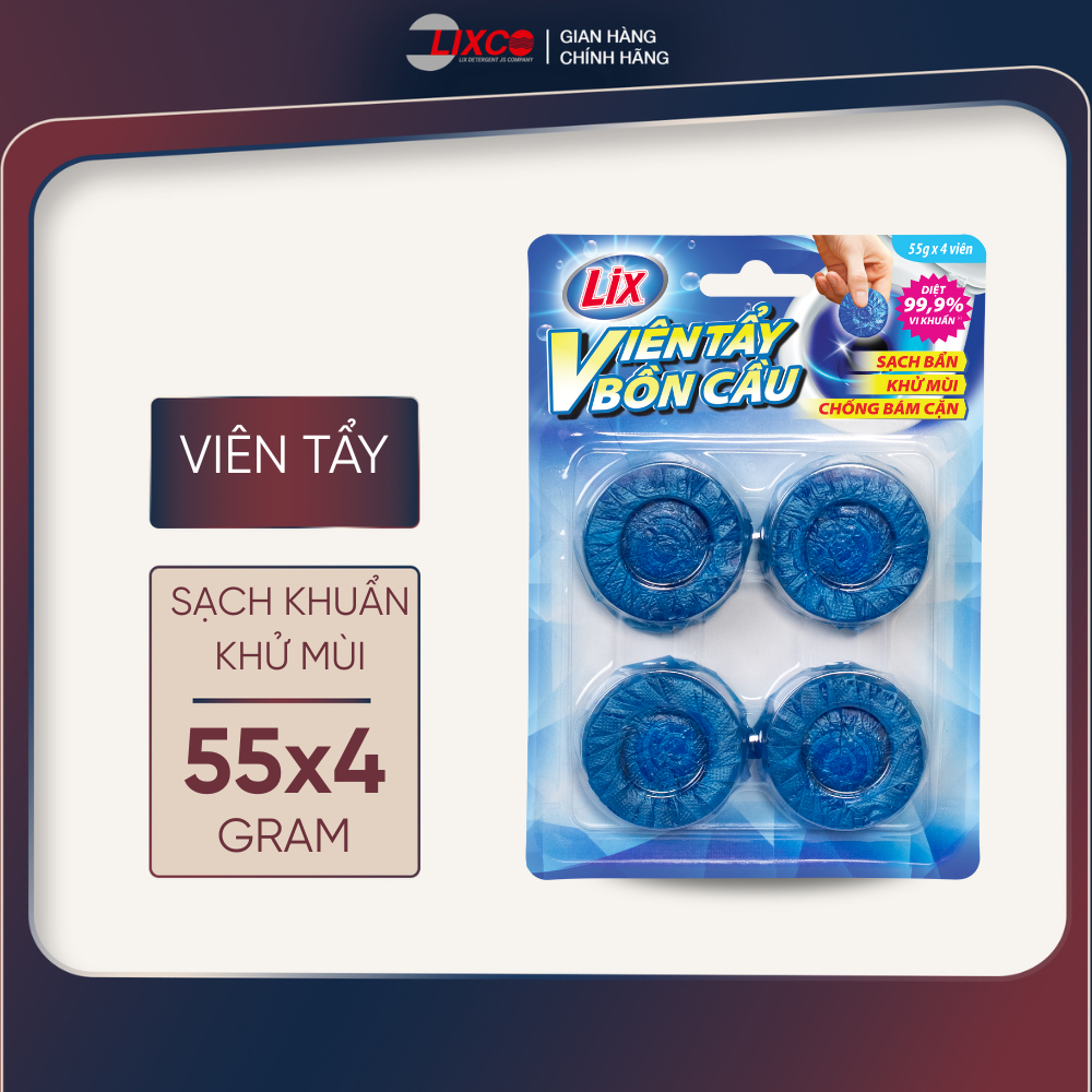 Viên tẩy bồn cầu Lix sạch khuẩn, khử mùi 55g x 4 viên, viên thả Toilet diệt khuẩn, tẩy sạch vệ sinh vết bám bẩn