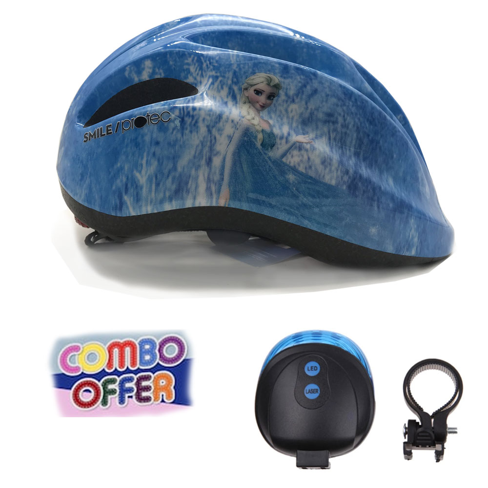 Combo Mũ Bảo Hiểm Xe Đạp Trẻ Em Protec SMILE + Đèn Chiếu Hậu Laser Xe Đạp Dành Cho Bé Gái Họa Tiết Công Chúa Elsa Xinh Xắn, An Toàn, Thoáng Mát