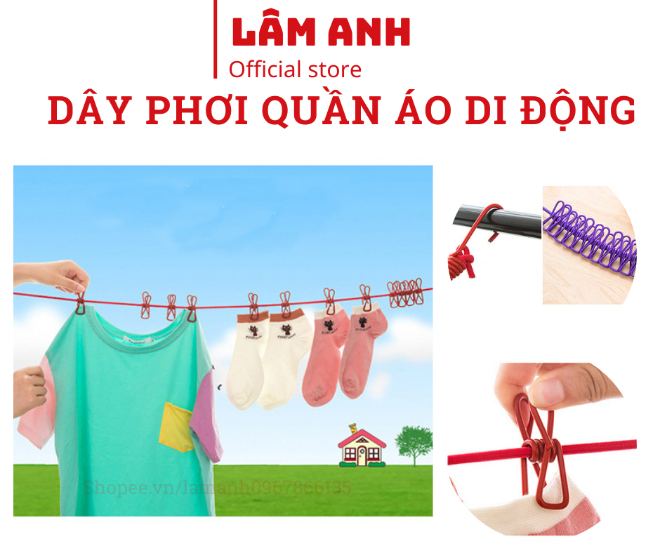 Dây phơi quần áo có sẵn kẹp tiện ích/ Dây phơi có móc kẹp chống gió/ dây phơi quần áo thông minh