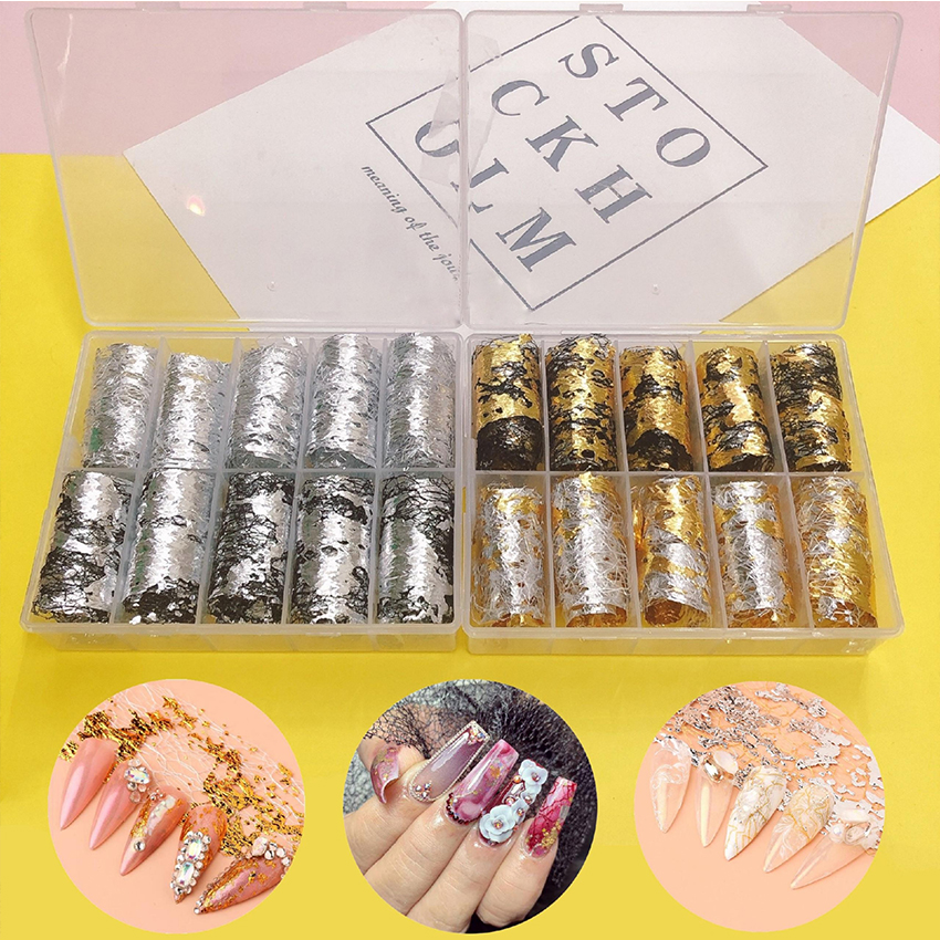[HCM]Set 10 foil lưới mix giấy nhún vàng bạc đắp gel ẩn trang trí móng tay 4*50cm (hộp lớn)