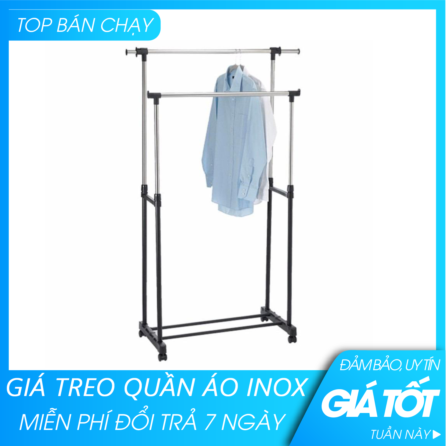 Giá phơi quần áo - Sào phơi inox chắc chắn treo quần áo, cây phơi đồ inox, Sào Phơi Đồ, Giá Treo Quần Áo Bằng Inox. Giàn Phơi Đồ Quần Áo Sào phơi inox chắc chắn 2 tầng có bánh xe di chuyển