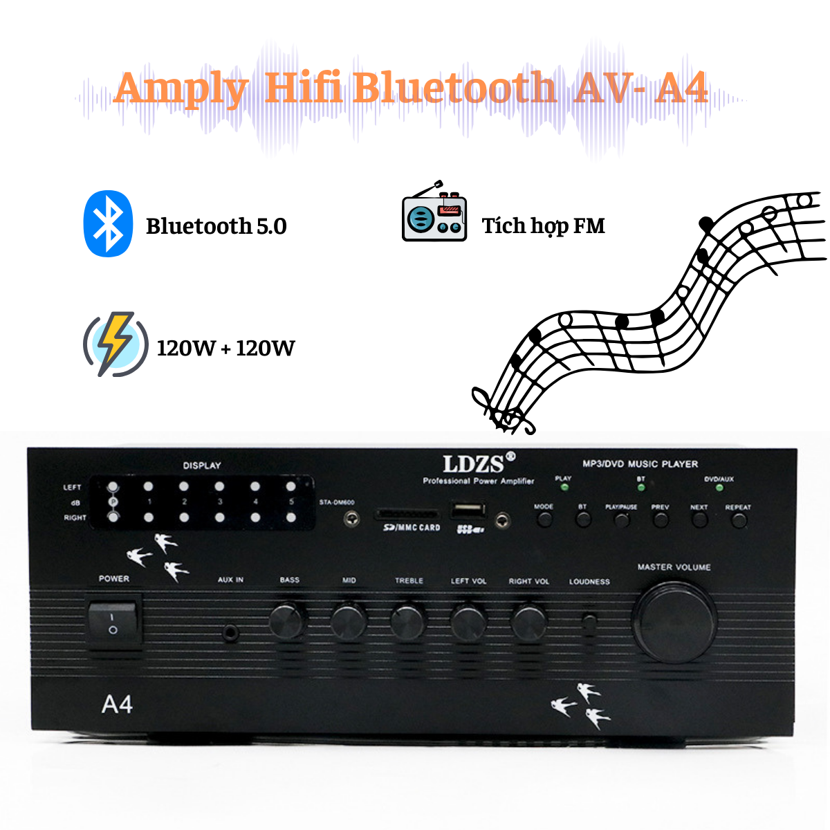 Amply chuyên nghiệp LDZS A4 Amply công suất lớn tích hợp chức năng Bluetooth và FM. Bảo Hành 12 tháng.