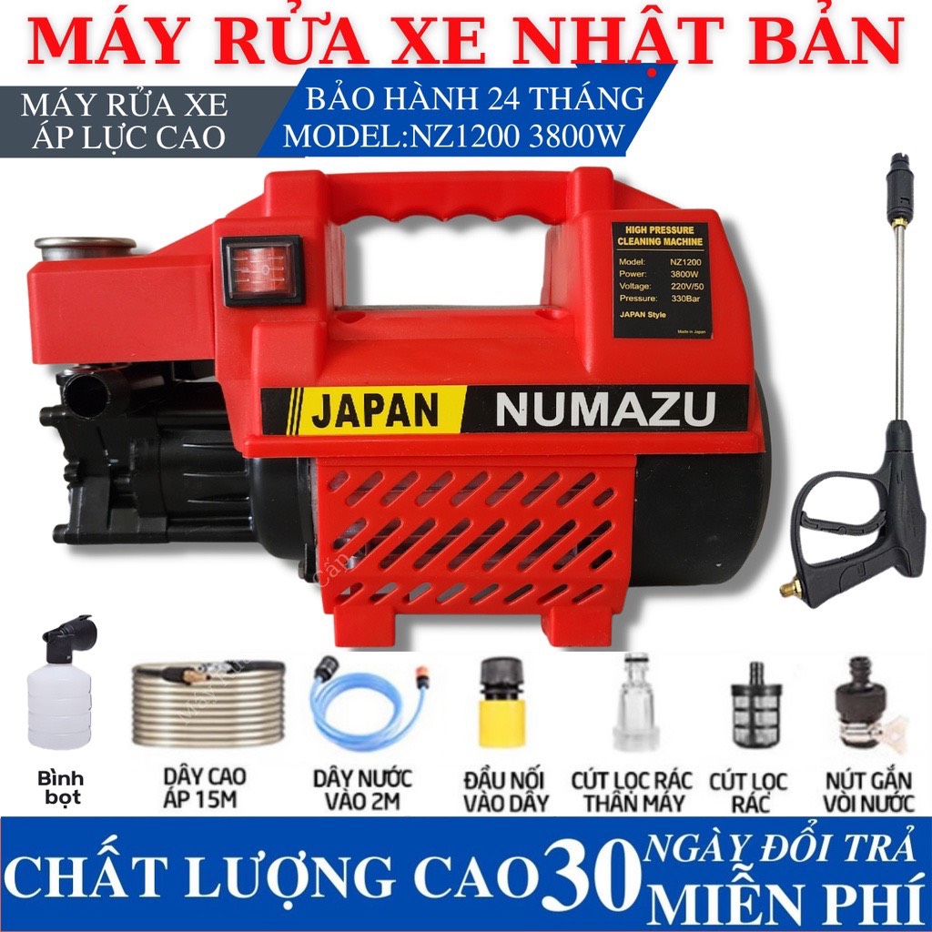 Máy rửa xe Numaru công suất 3800W, máy rửa xe oto, rửa sân vườn, xịt rửa điều hòa, phụ kiện đầy đủ sẵn sử dụng dây xịt rửa 15m