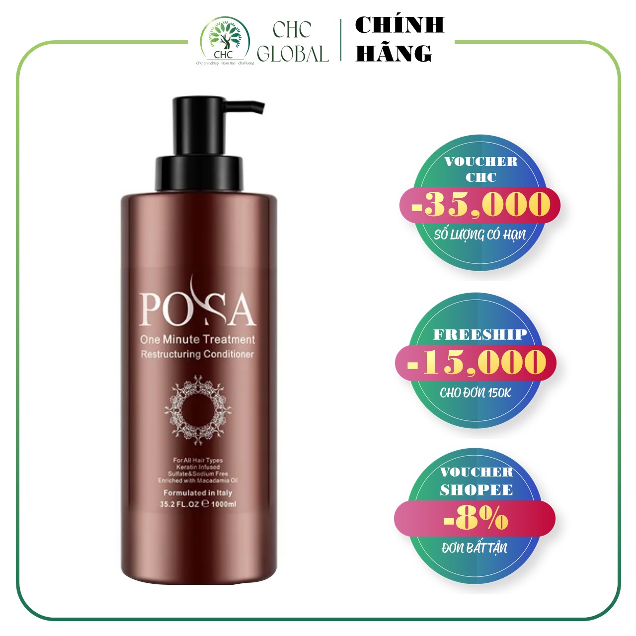 Dầu Xả Suôn Mượt Phục Hồi Tóc Hư Tổn Posa One Minute Hair Treatment 1000ml
