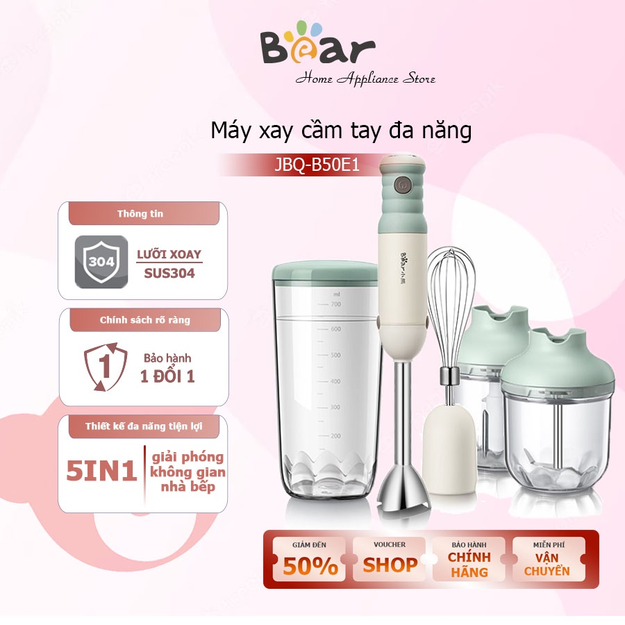 Máy xay thực phẩm đa năng Bear JBQ-B50E1 có thể ép trái cây, đánh trứng, xay thịt bộ combo 5 sản phẩm, Bảo hành 12 tháng