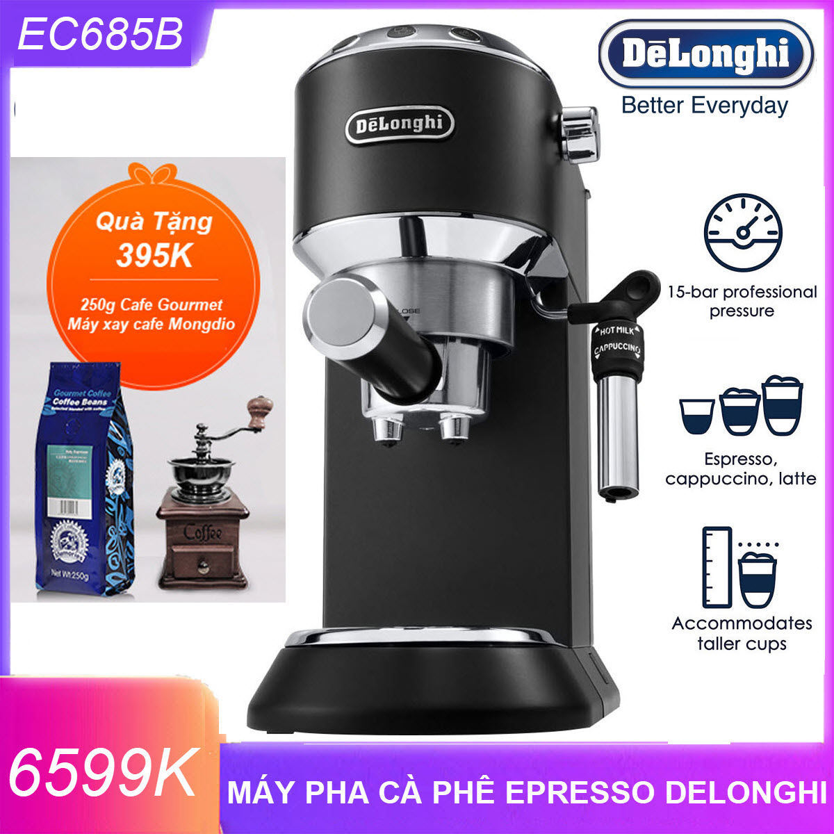 (Quà Tặng Trị Giá 395K) Máy pha cà phê Espresso Delonghi EC685.BK - Hàng nhập khẩu mới nguyên hộp 100% - BH12 tháng kể từ ngày nhận - Máy pha cafe Espresso Cappuccino - Máy pha cà phê mini gia đình - Model tiền nhiệm của Delonghi EC785