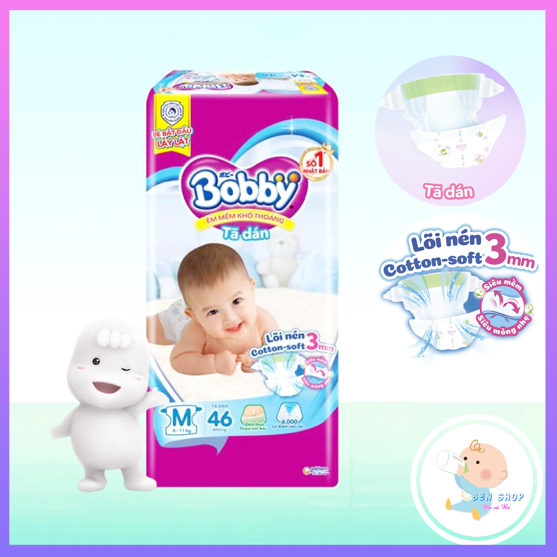 Tã dán Bobby siêu thấm - khô thoáng size M - 46 miếng (cho bé 6 - 11kg)